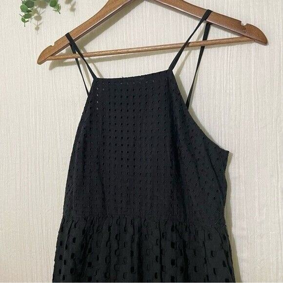 Loft Black Eyelet Midi Dress 2 Petite Cotton Tiered Adjustable Straps Summer - Picture 3 of 13